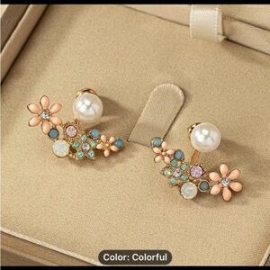 New Women Flower Design With Faux Pearl Shiny Rhinestone Decor Stud Earrings